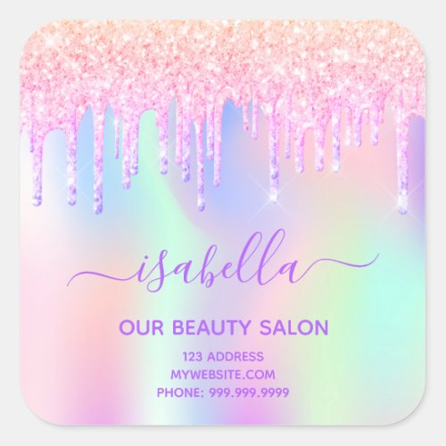 Business beauty salon pink glitter iridescent name square sticker