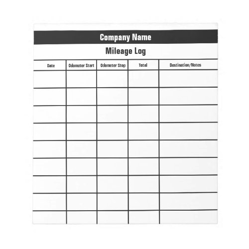 Business Black and White Company Name Mileage Log Notepad