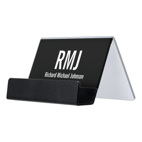 Business Black and White Name Monogram Text Desk Business Card Holder