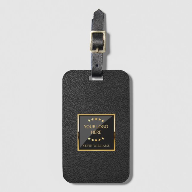 Business Black Faux Leather Logo  Personalized Luggage Tag (Front Vertical)