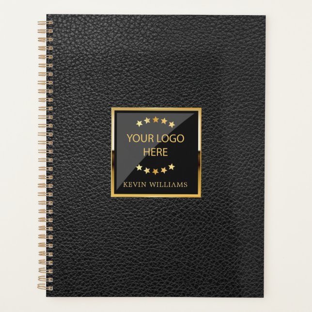 Business Black Faux Leather Logo Personalized Planner (Front)