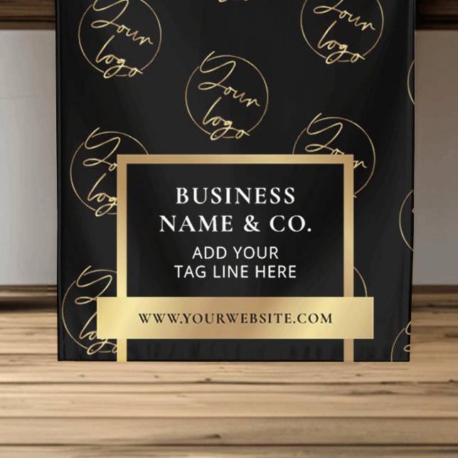 Business Black & Gold Logo Pattern Promotional Short Table Runner (Faux gold effect step repeat logo black table runner)
