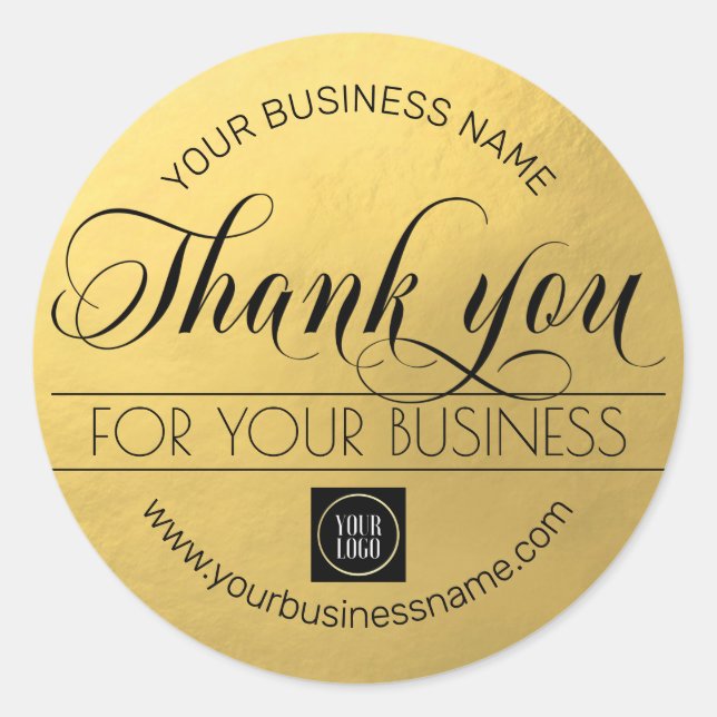Business Black Gold Script Calligraphy Thank You  Classic Round Sticker (Front)