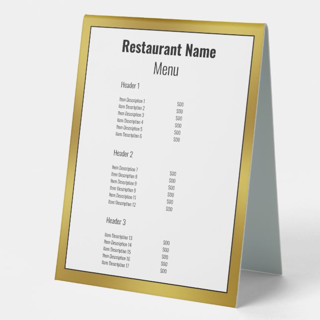 Business Black White and Gold Restaurant Menu Table Tent (Front)