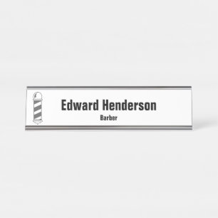 Business Black White and Gray Barber Pole Barber Desk Name Plate