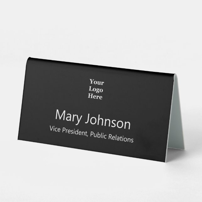Business Black White Employee Name Job Title Logo Table Tent (Front)