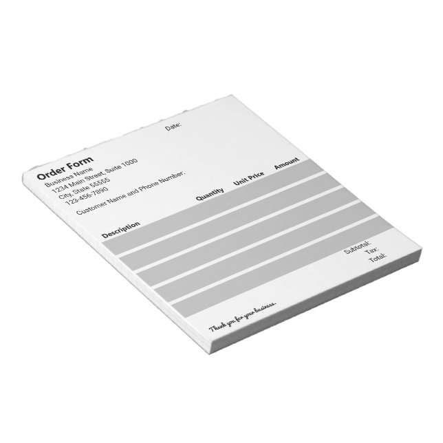 Business Black White Light Gray Order Form Notepad (Angled)