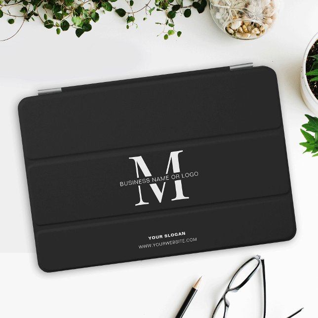 Business Black & White Minimalist Logo Monogrammed iPad Mini Cover (Simple tablet cover in black with space for your custom monogram, name or business logo)