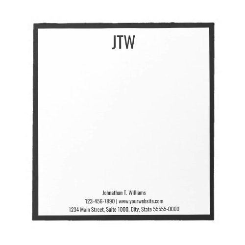 Business Black  White Monogram Name Contact Info Notepad