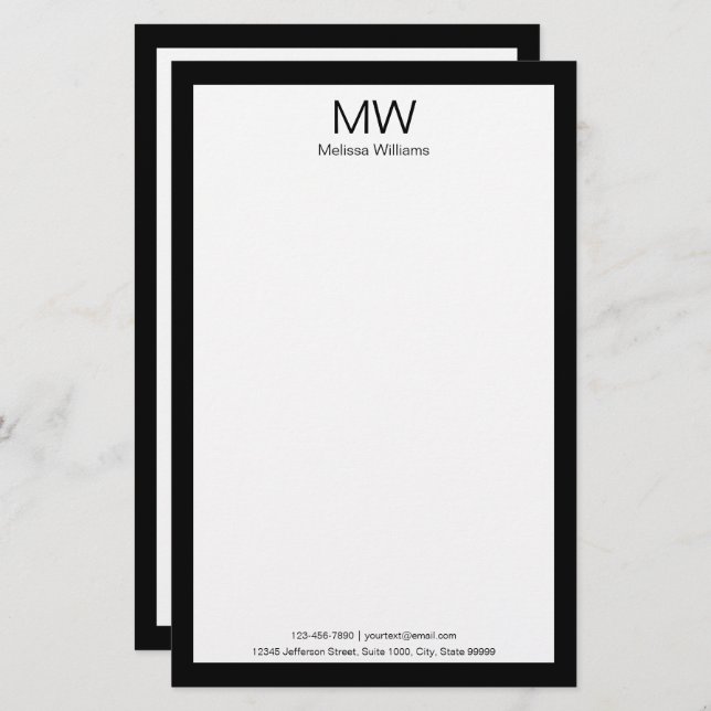 Business Black White Monogram Name Contact Info. Stationery (Front/Back)