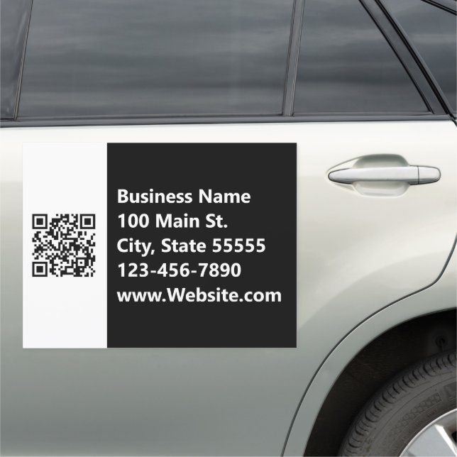 Business Black & White Name Address Phone QR Code Car Magnet (In Situ)