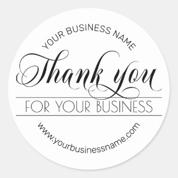 Business Black White Script Calligraphy Thank You Classic Round Sticker by MonogrammedShop at Zazzle