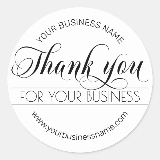 Business Black White Script Calligraphy Thank You Classic Round Sticker (Front)