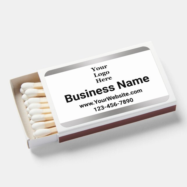Business Black White Silver Name Logo Phone Text Matchboxes (Front Open)