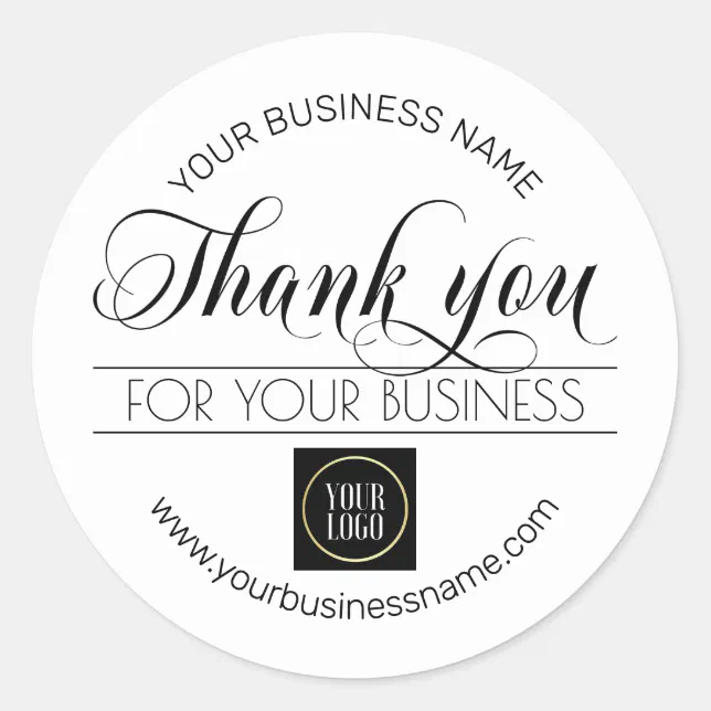 Business Black White Thank You | add LOGO Classic Round Sticker | Zazzle