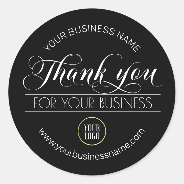 Business Black White Thank You | add your LOGO Classic Round Sticker ...