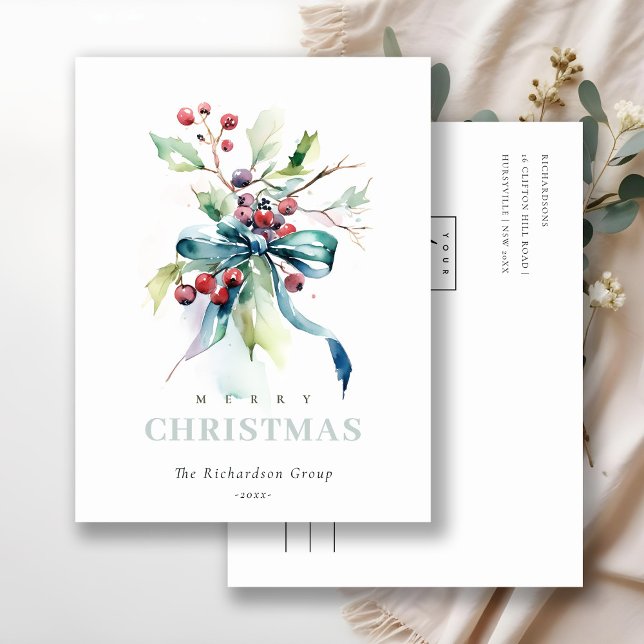Business Blue Green Winter Berries Corporate Logo  Holiday Postcard (Creator Uploaded)