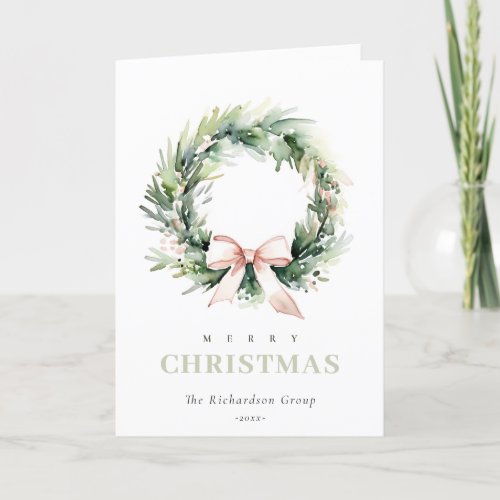 Business Blush Christmas Wreath Corporate Logo  Holiday Card