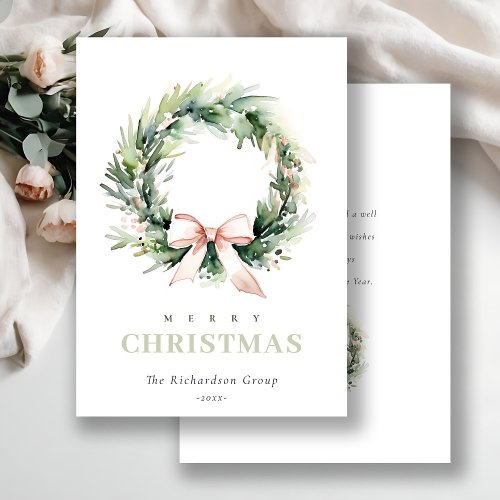 Business Blush Christmas Wreath Corporate Logo  Holiday Card