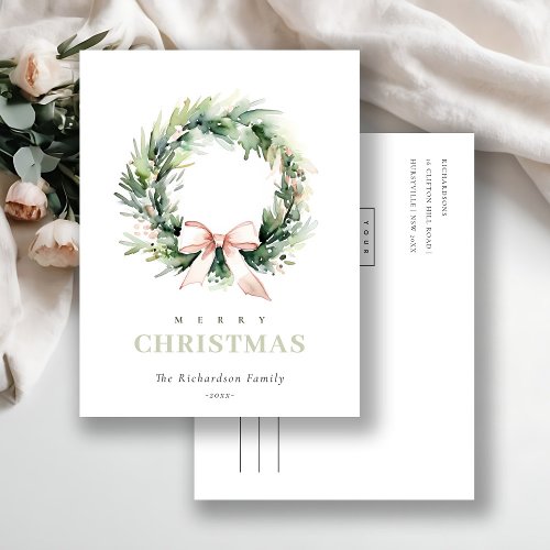 Business Blush Christmas Wreath Corporate Logo  Holiday Postcard