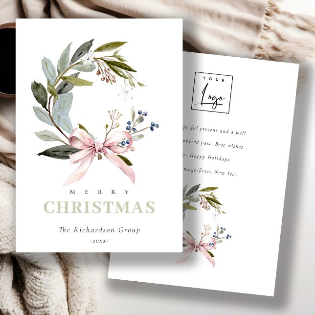 Business Blush Green Winter Wreath Corporate Logo  Holiday Card (Creator Uploaded)