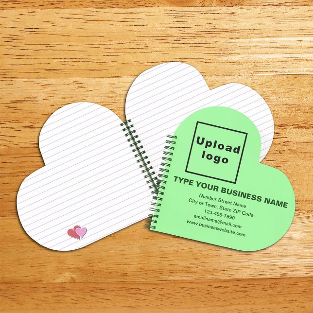 Business Brand on Light Green Heart Shape Spiral Notebook (Build brand name awareness. Your business brand on light green heart shape spiral notebook.)