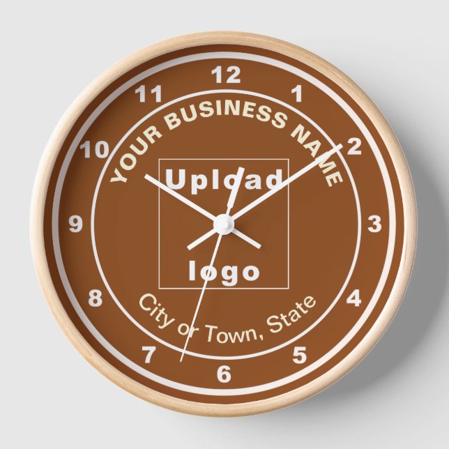 Business Brand on Round Brown Wooden Frame Clock (Front)