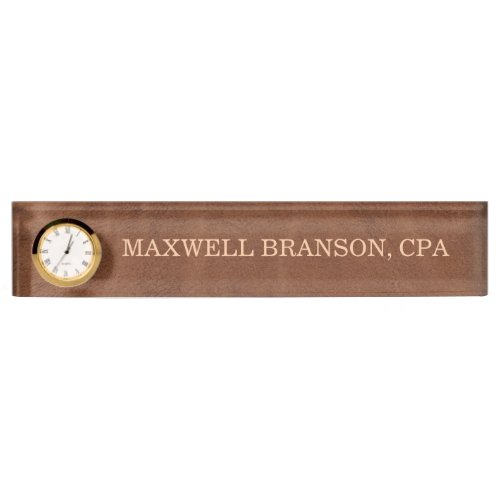 Business Brown Leather Name Title One Line Clock Desk Name Plate