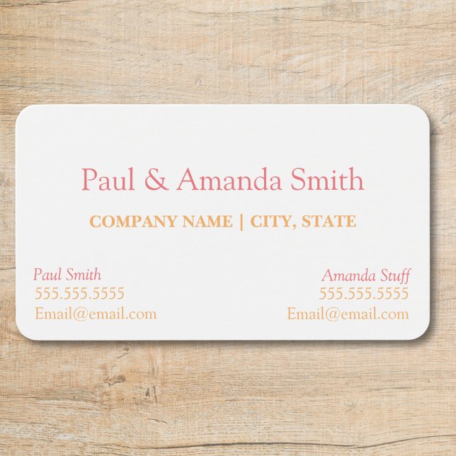 Business Card - 2 names (business card with slot for two names Rounded corners Pink and Orange text, two contacts)
