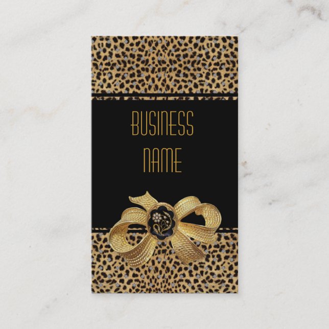 Business Card Black Leopard Animal Gold Bow Jewel (Front)