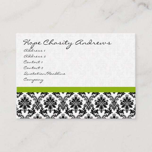 Business Card Black White Damask with Apple Green (Front)