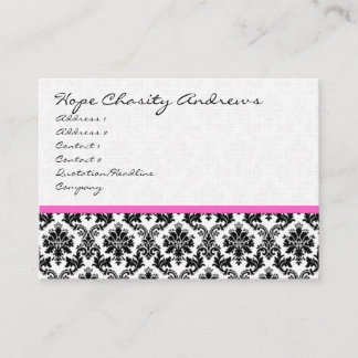 Business Card Black White Damask with Pink Ribbon