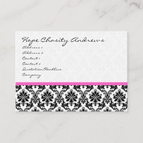 Business Card Black White Damask with Pink Ribbon