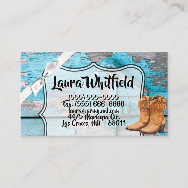 Business Card Blue Wood Barn Door Boots Country Ru (Front)