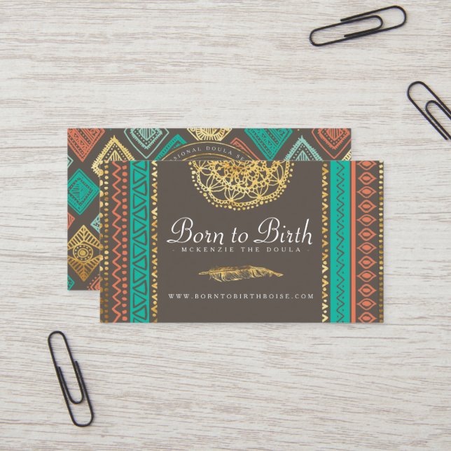 BUSINESS CARD | Boho Gold Feather Tribal Doula (Front/Back In Situ)