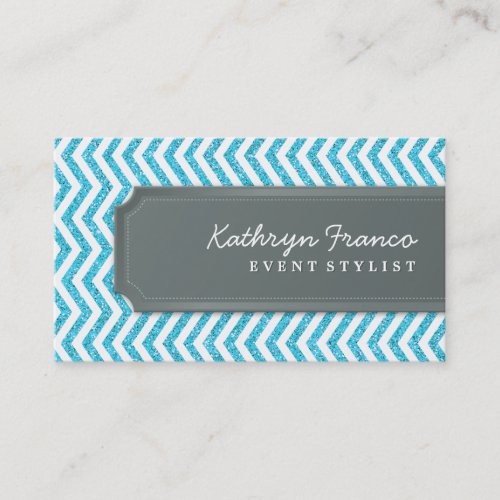 BUSINESS CARD chevron stripe aqua glitter effect
