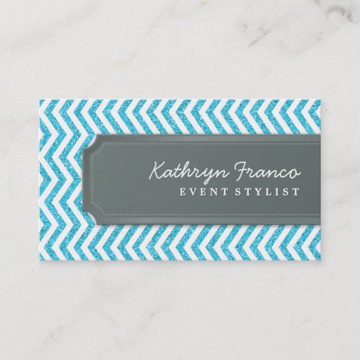 Customizable BUSINESS CARD chevron stripe aqua glitter effect