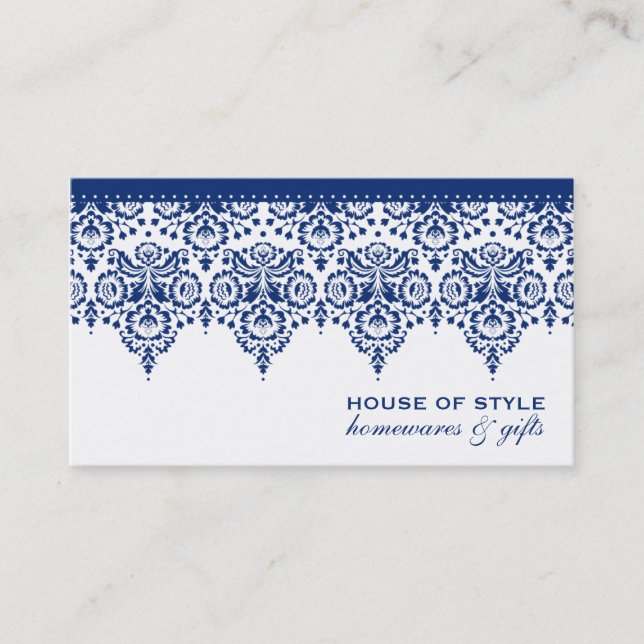 BUSINESS CARD classy damask royal navy blue white (Front)