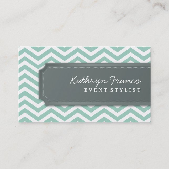 BUSINESS CARD cool chevron stripe pale green grey (Front)