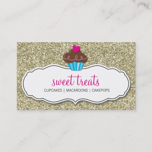 BUSINESS CARD cute bold cupcake pink gold glitter (Front)