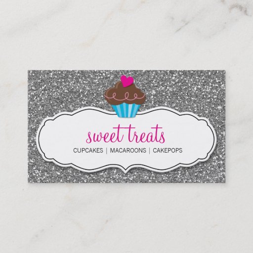 Customizable BUSINESS CARD cute cupcake pink silver glitter