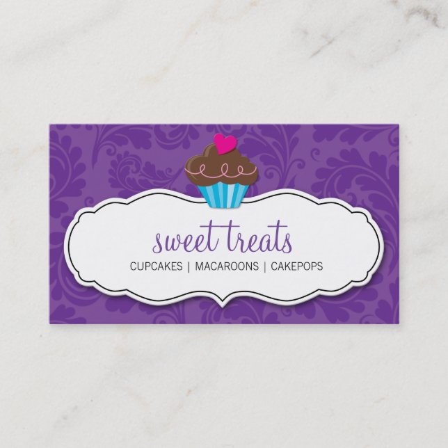 BUSINESS CARD cute pretty flourish cupcake purple (Front)