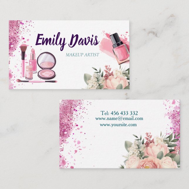 business card design makeup with pink glitter and  (Front/Back)