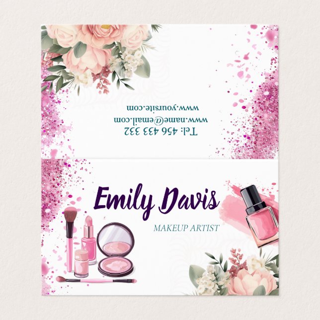 business card design makeup with pink glitter and  (Outside Unfolded)