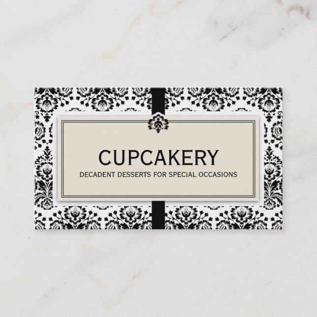 BUSINESS CARD elegant damask black ivory (Front)