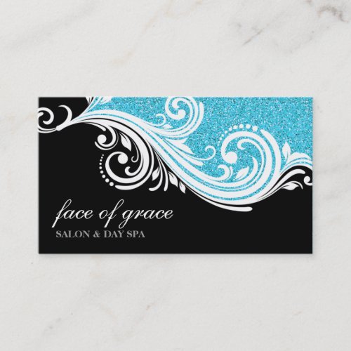 BUSINESS CARD elegant swirl aqua  glitter black