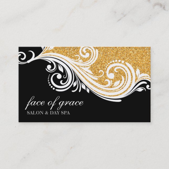 BUSINESS CARD elegant swirl gold glitter black (Front)