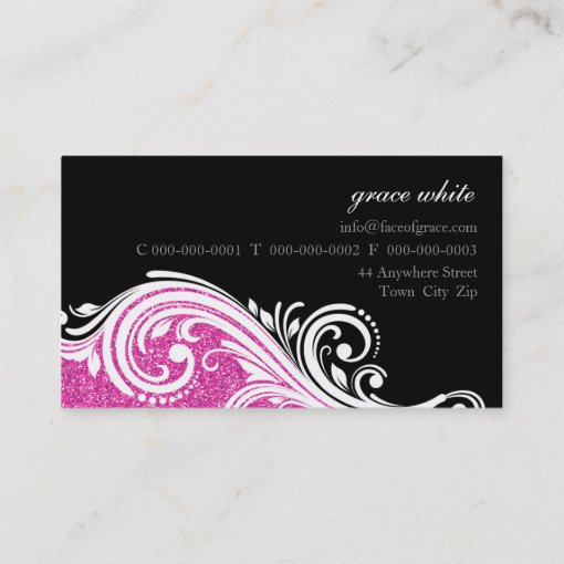 BUSINESS CARD elegant swirl hot pink glitter black | Zazzle