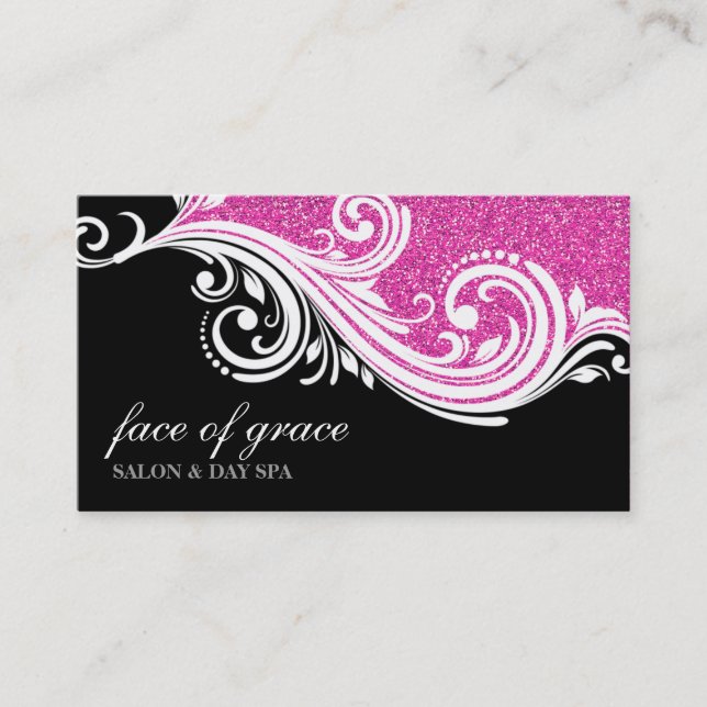 BUSINESS CARD elegant swirl hot pink glitter black (Front)