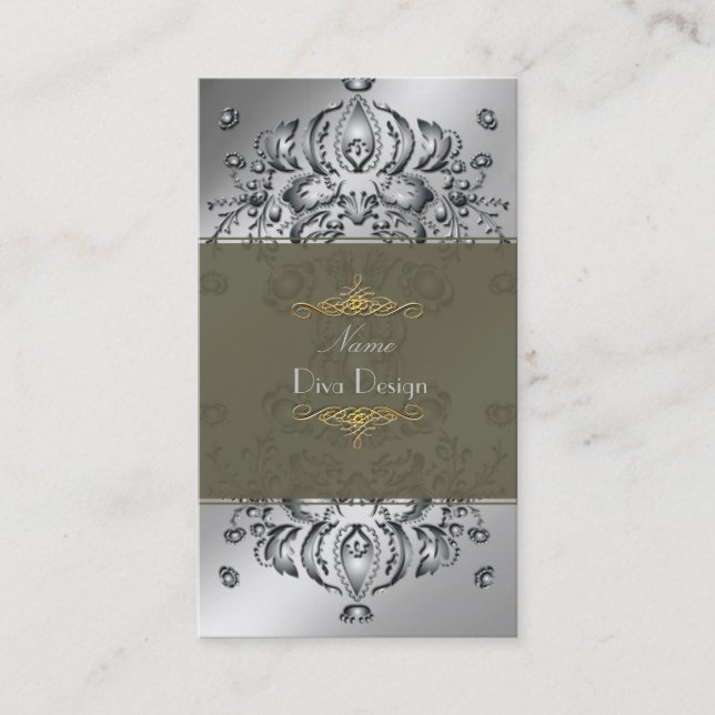 Business Card Floral Damask  silver tone on tone (Front)
